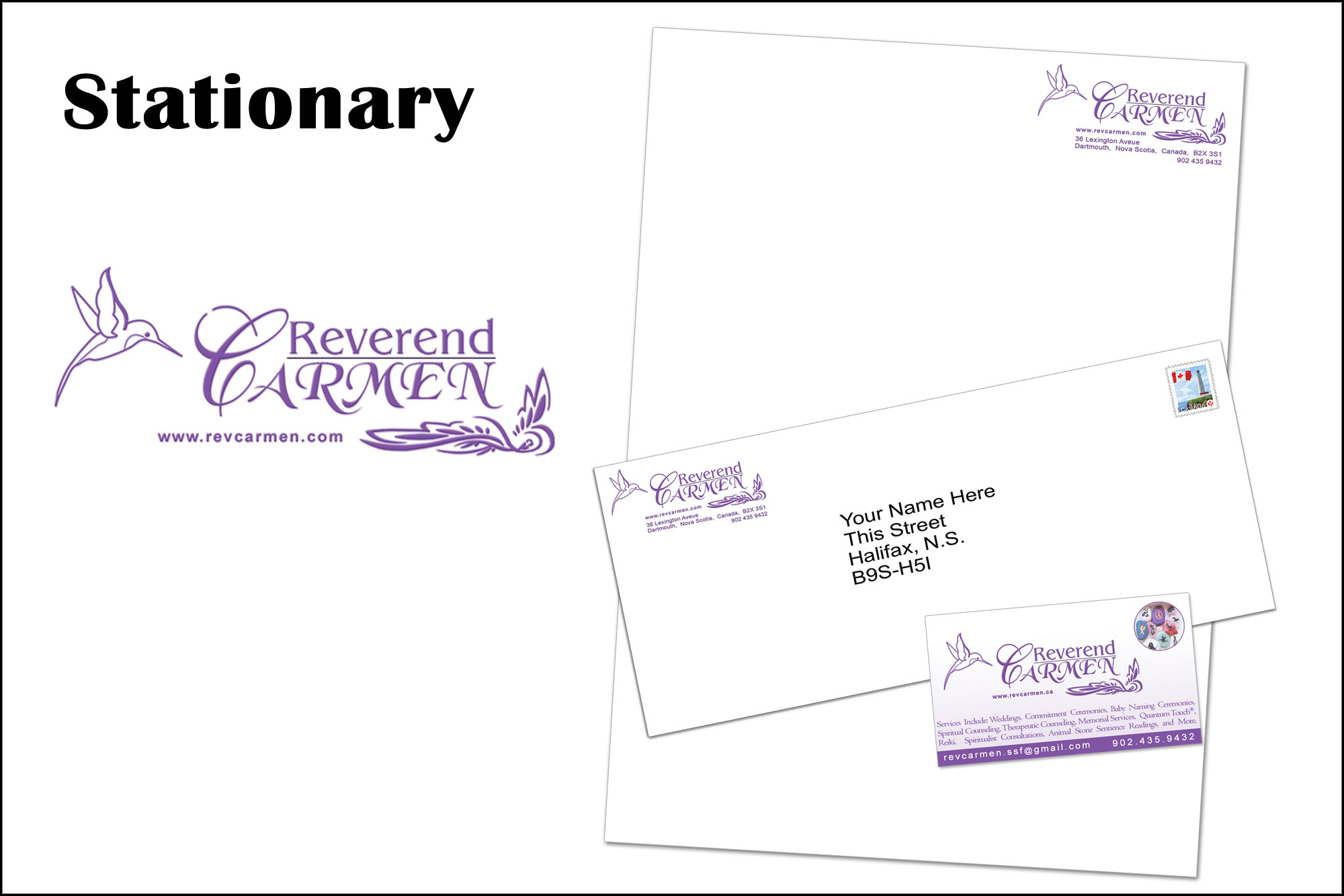 image of a business card design done in purple with a humming bird